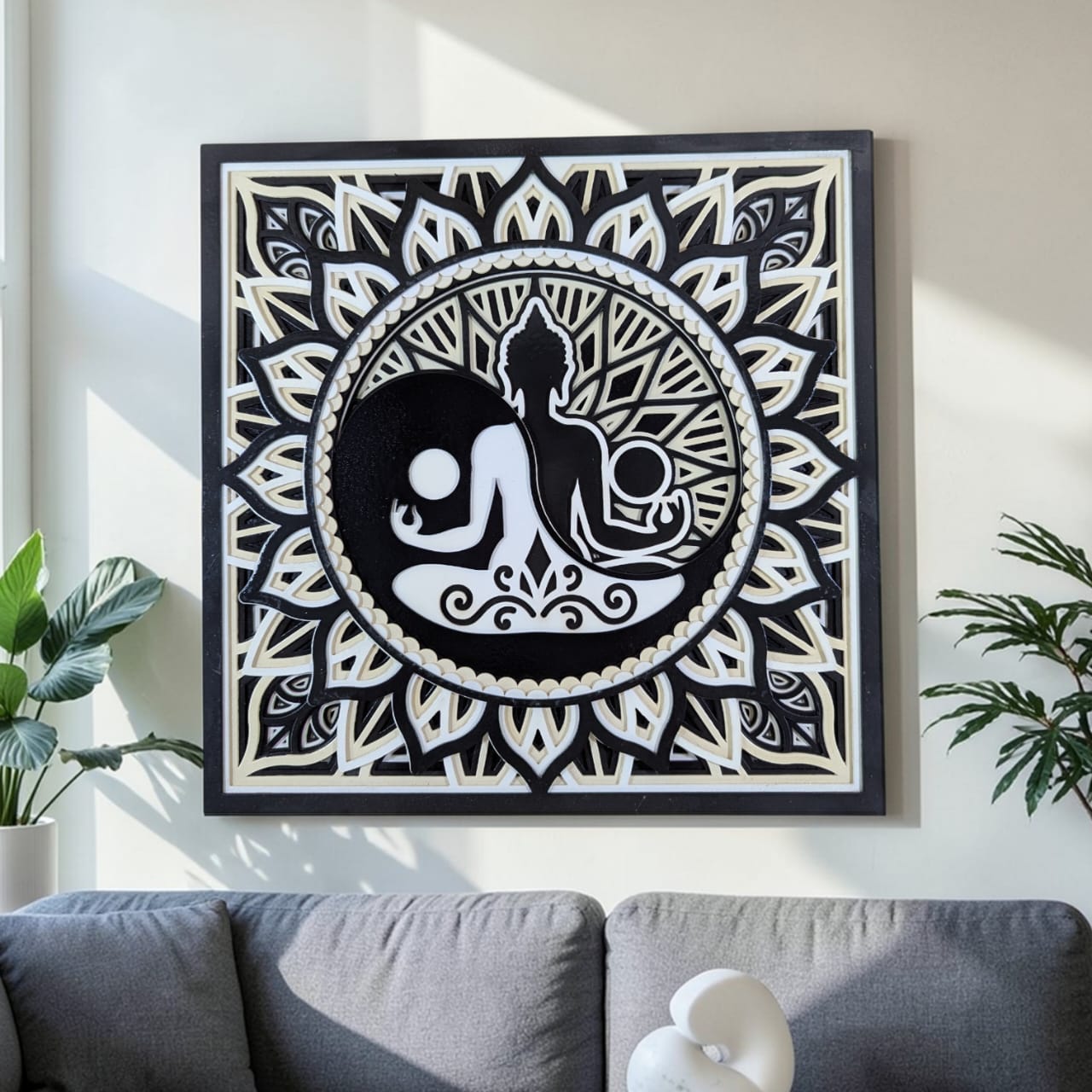 Divine Balance Buddha mandala wooden wall art in black and ivory