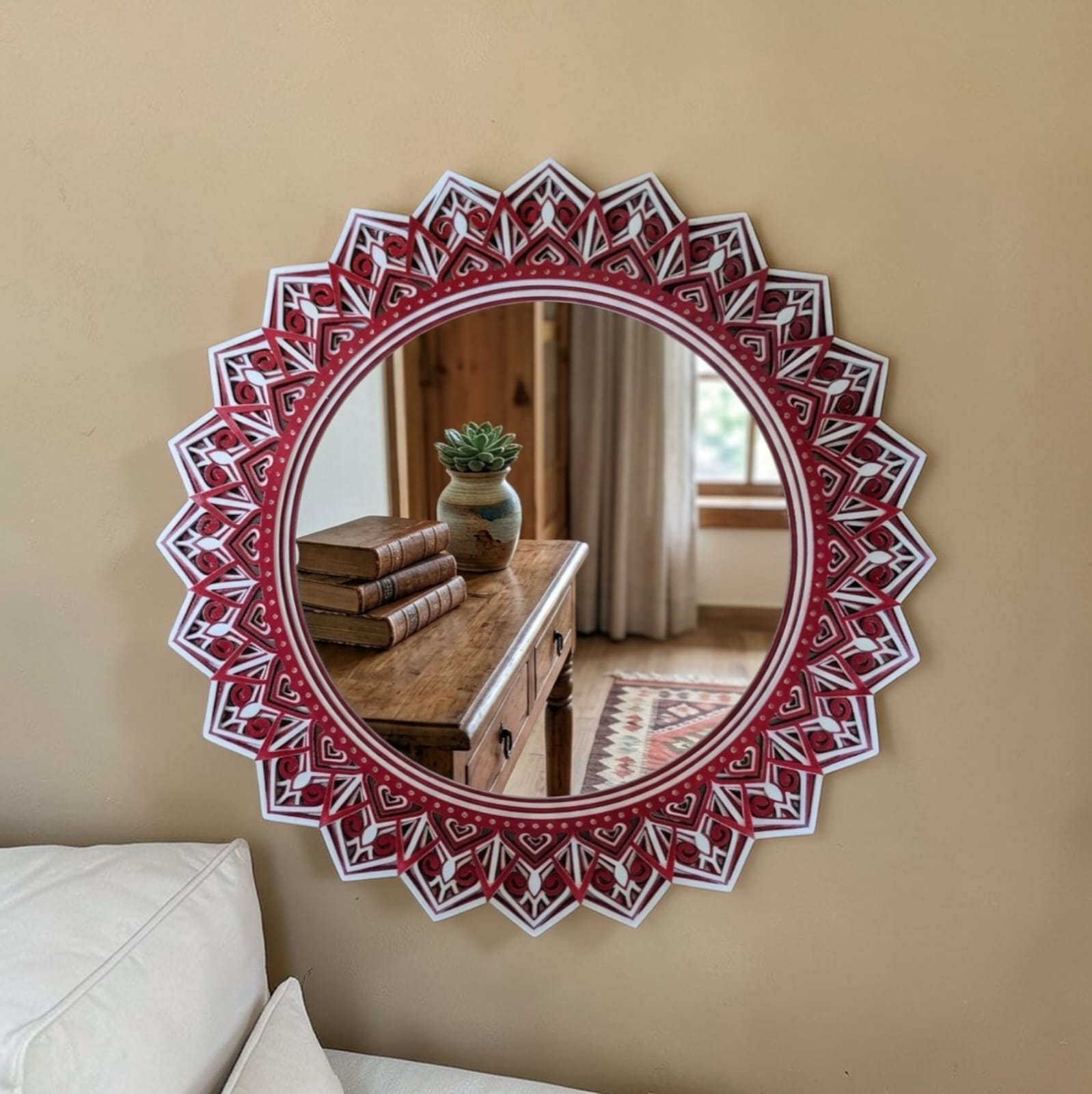 Crimson lotus mandala mirror wall art with layered red and white frame