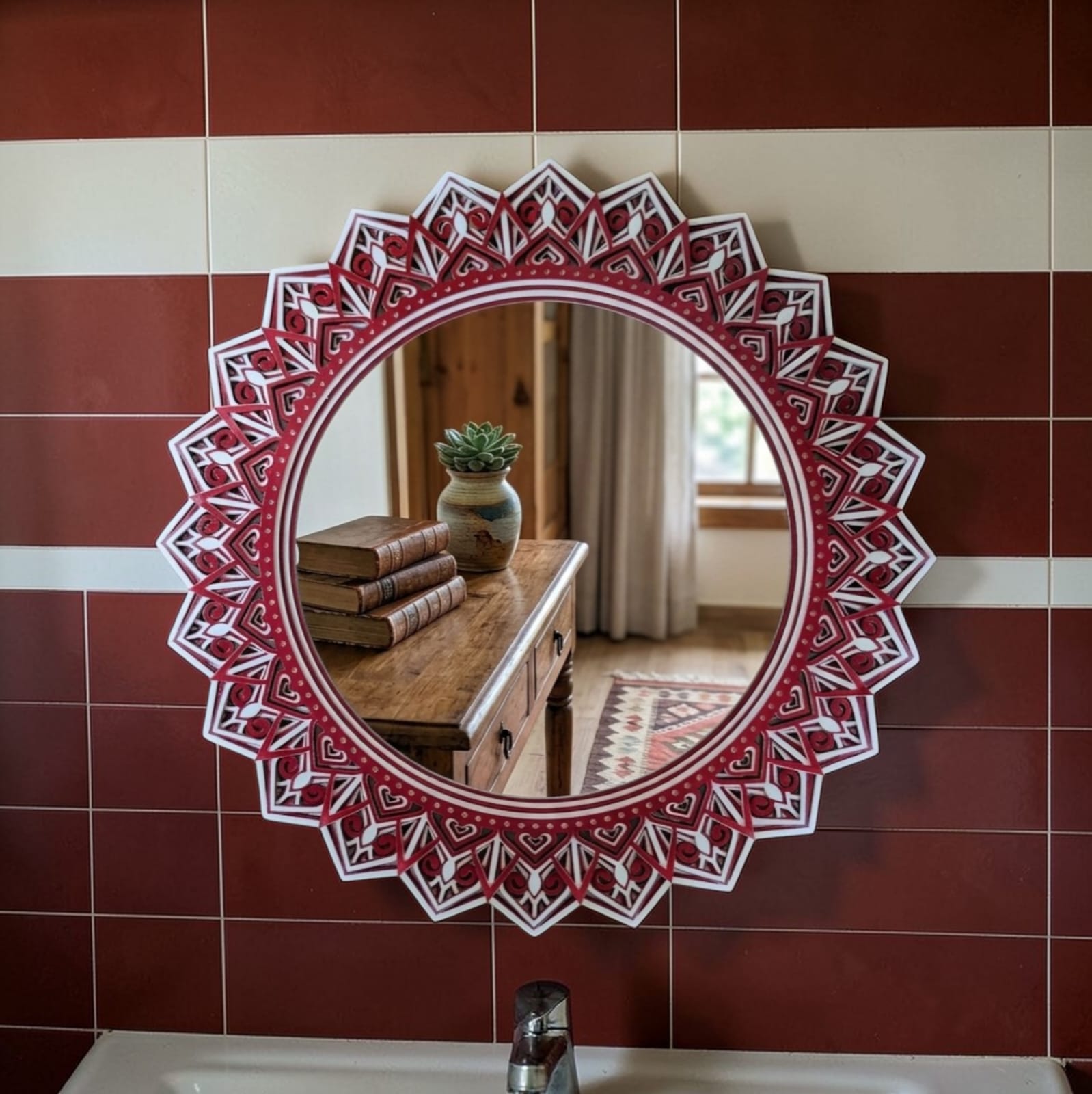 Crimson lotus mandala mirror wall décor in a modern interior