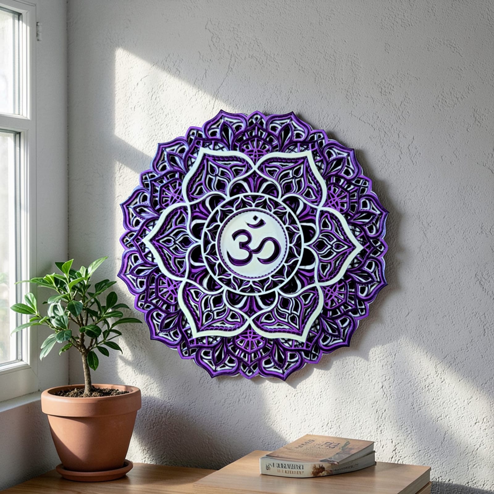 Crown Chakra Sahasrara wooden mandala wall art with layered floral design