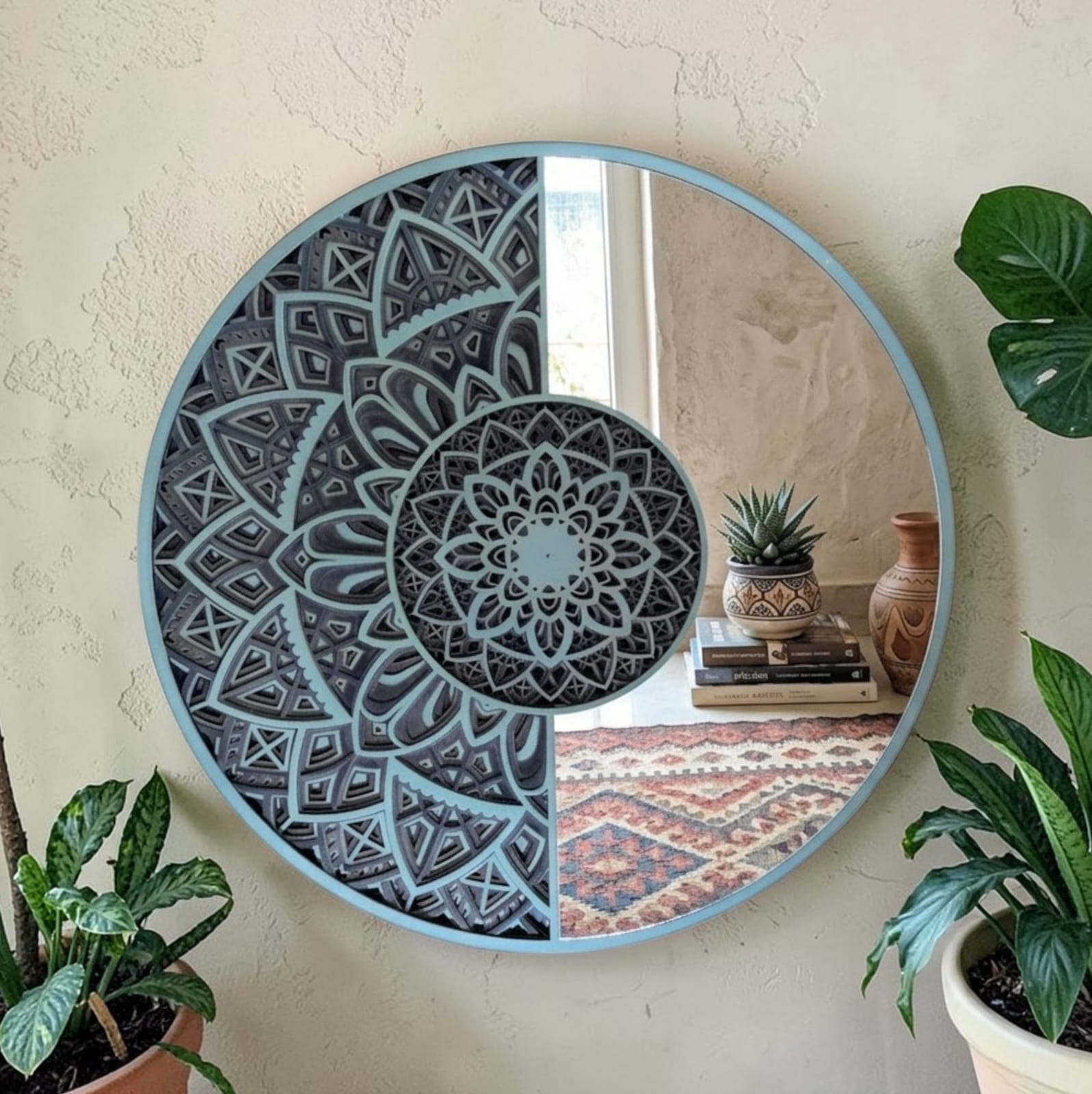 Eclipse half-mandala and mirror wall art in grey with layered laser-cut design
