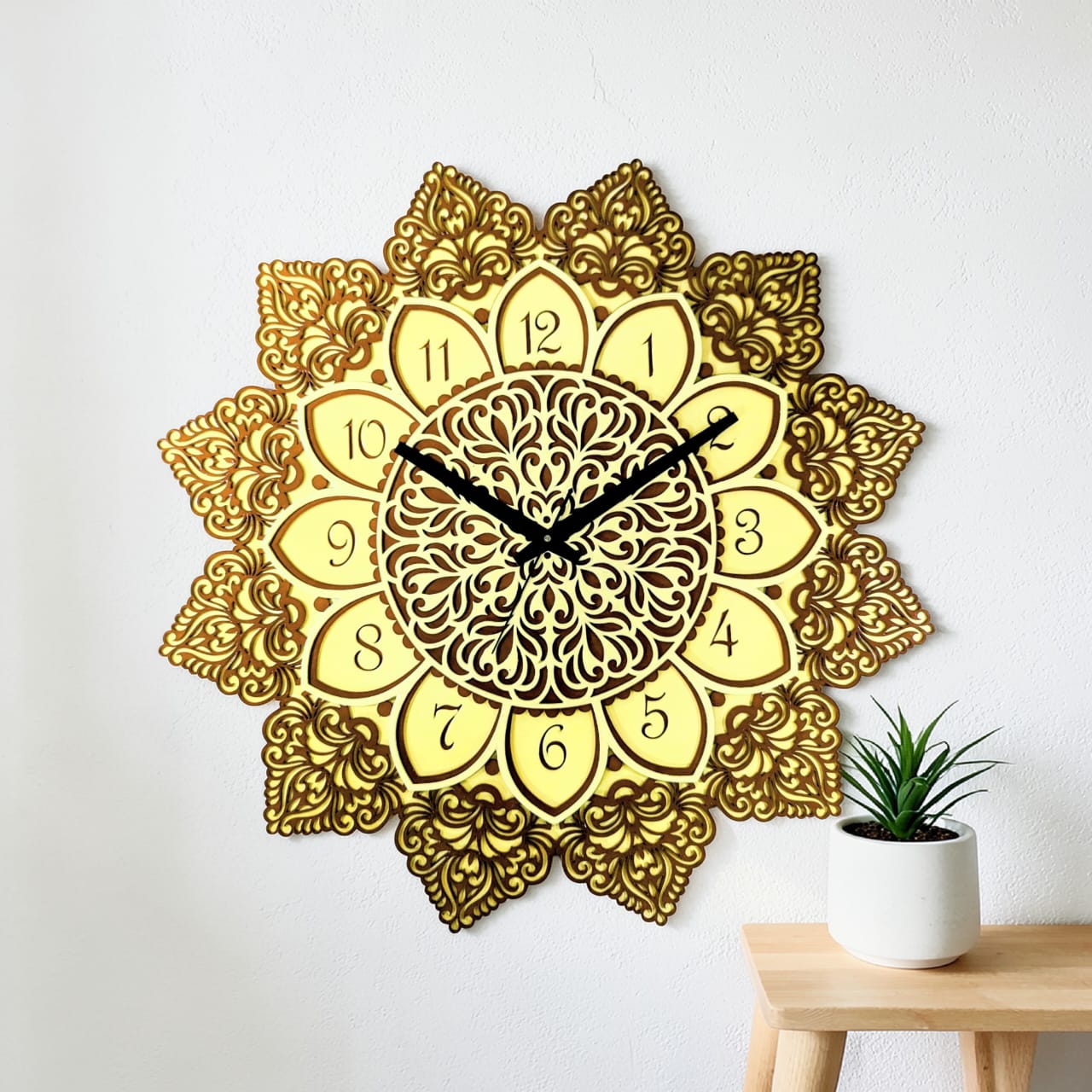 Golden Bloom floral mandala wall clock with gold layered design