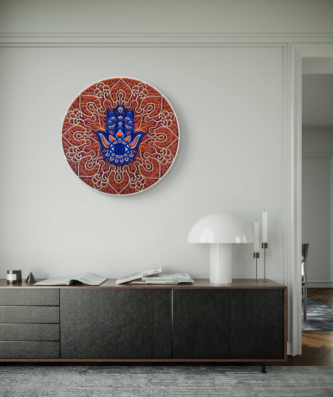 Hamsa Mandala Wall Art displayed on a modern living room feature wall