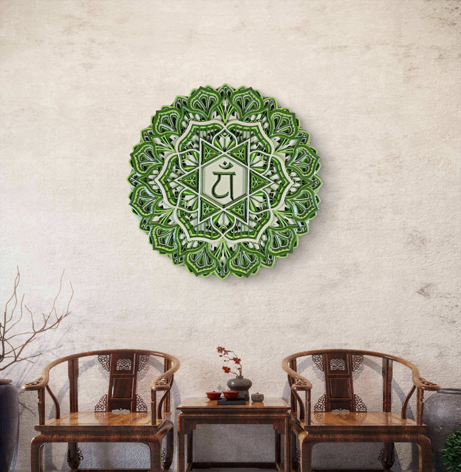 Heart Chakra Anahata green wooden mandala wall art