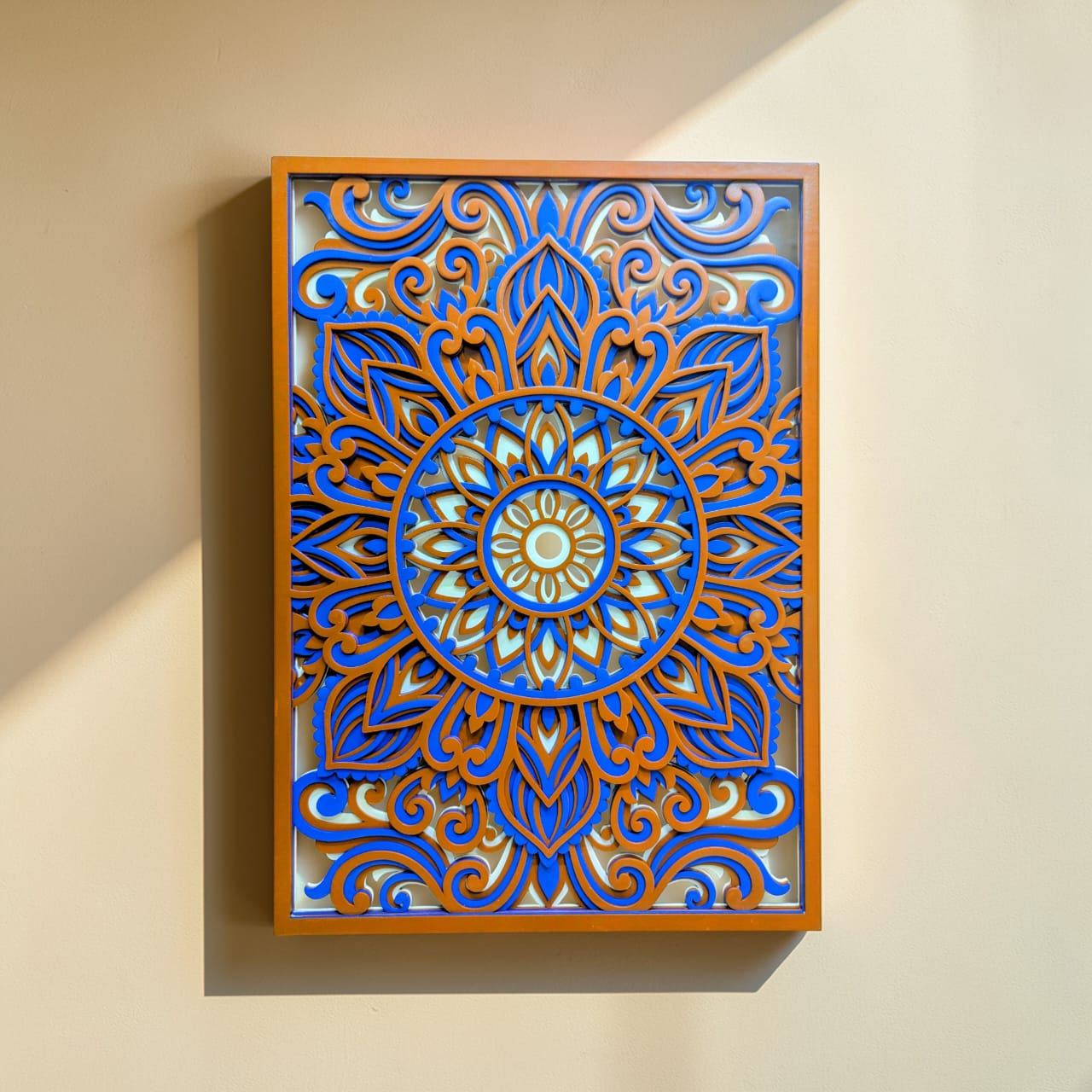Neelambara blue and gold mandala wall art with intricate layered 3D detailing