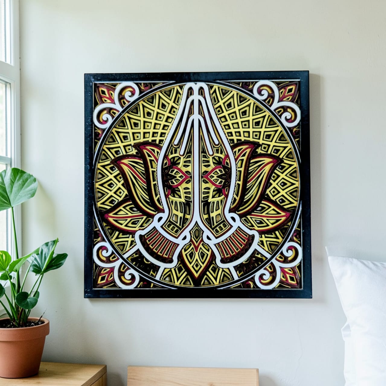 Sacred Anjali Lotus Mandala wall art with folded hands in gold red and black