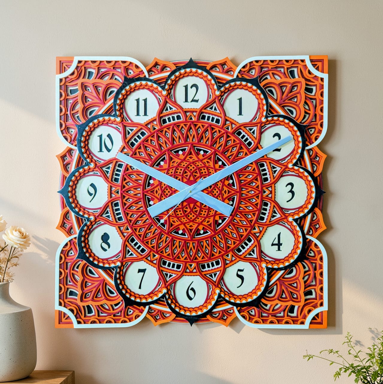 Samay Chakra wooden mandala wall clock with intricate geometric laser-cut design