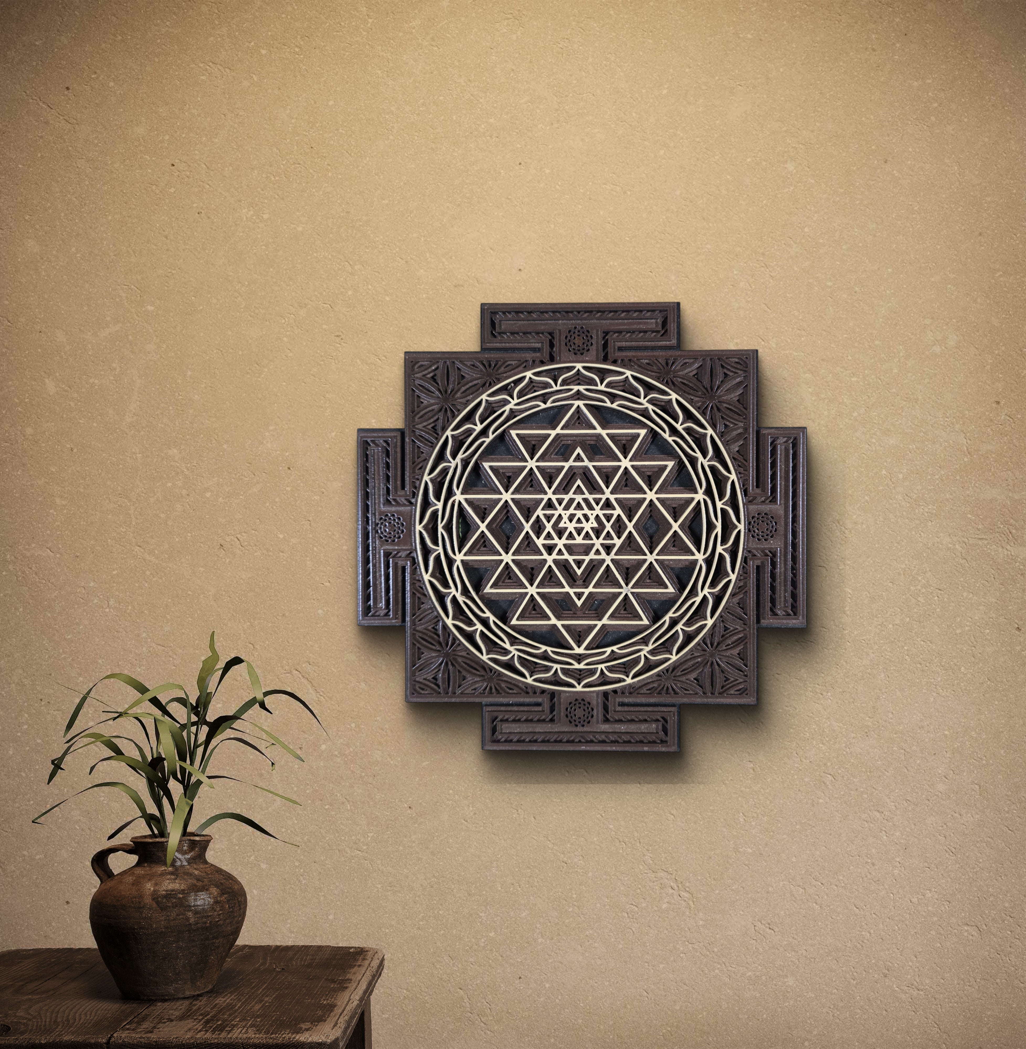 Wooden Sri Yantra wall art with intricate sacred geometry design