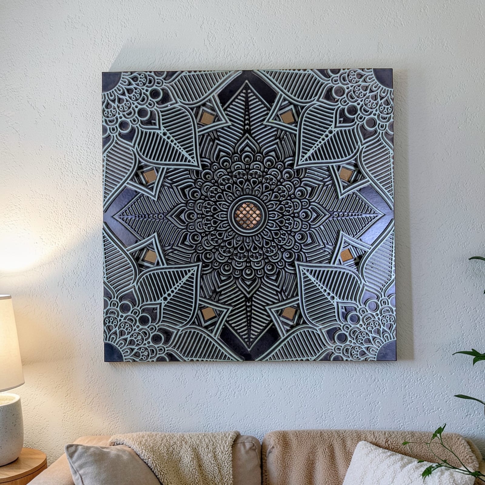 Zenith grey and silver lotus mandala wall art with layered 3D design