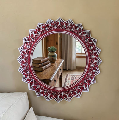 Crimson lotus mandala mirror wall art with layered red and white frame