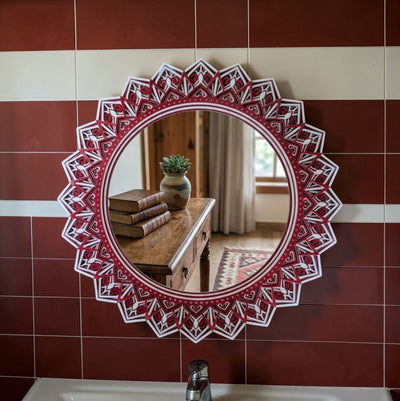 Crimson lotus mandala mirror wall décor in a modern interior
