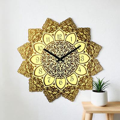 Golden Bloom floral mandala wall clock with gold layered design