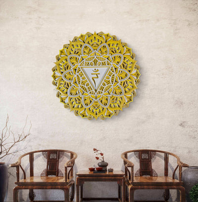 Golden Solar Plexus Chakra mandala wooden wall art in golden yellow