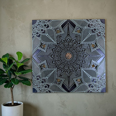 Grey and silver lotus mandala wall art for modern living room décor