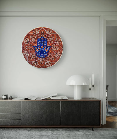 Hamsa Mandala Wall Art displayed on a modern living room feature wall