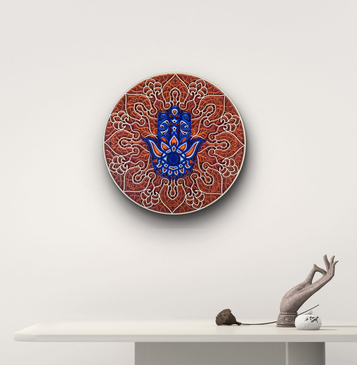 Hamsa Mandala Wall Art with layered Hamsa hand and intricate spiritual design
