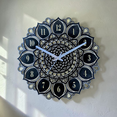 Midnight Lotus black and ivory mandala wall clock with layered lotus design