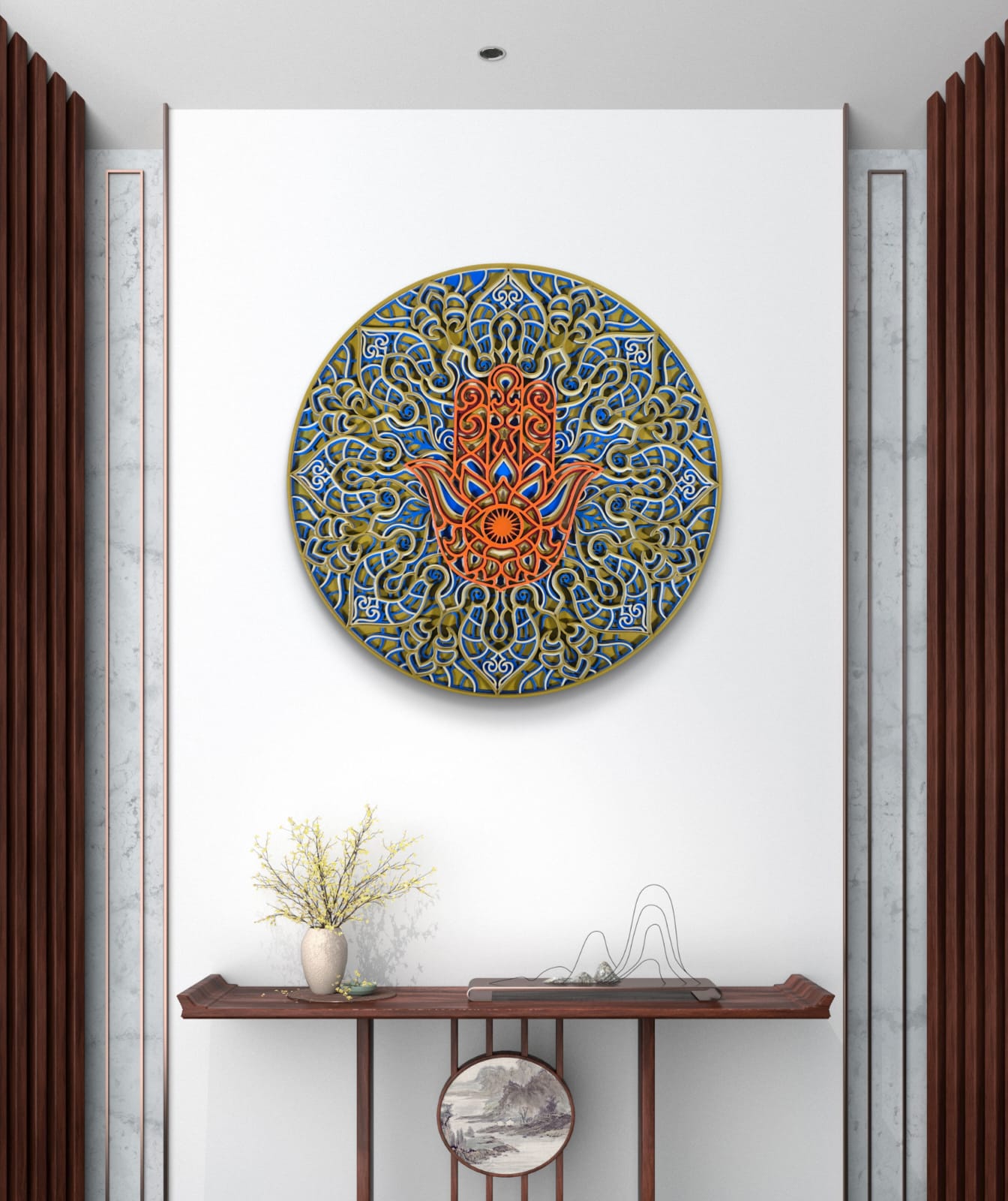 Neel Suraksha blue and gold Hamsa mandala wall art with layered 3D detailing