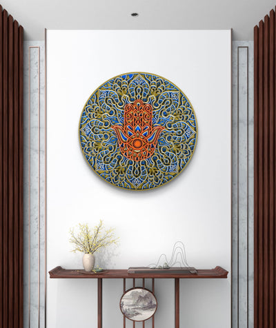 Neel Suraksha blue and gold Hamsa mandala wall art with layered 3D detailing