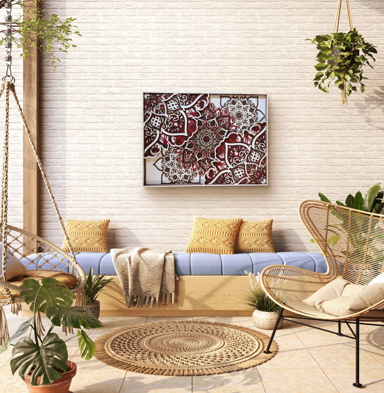 Rangmaya 3D mandala wall art displayed on a modern living room feature wall