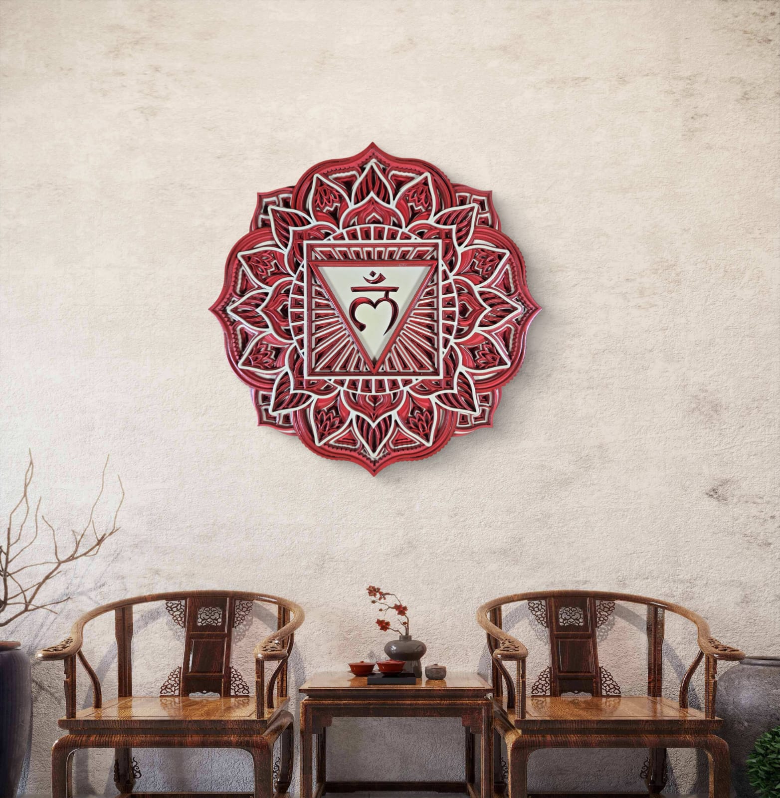 Root Chakra wooden mandala wall art in red with lotus-inspired design