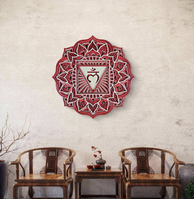 Root Chakra wooden mandala wall art in red with lotus-inspired design
