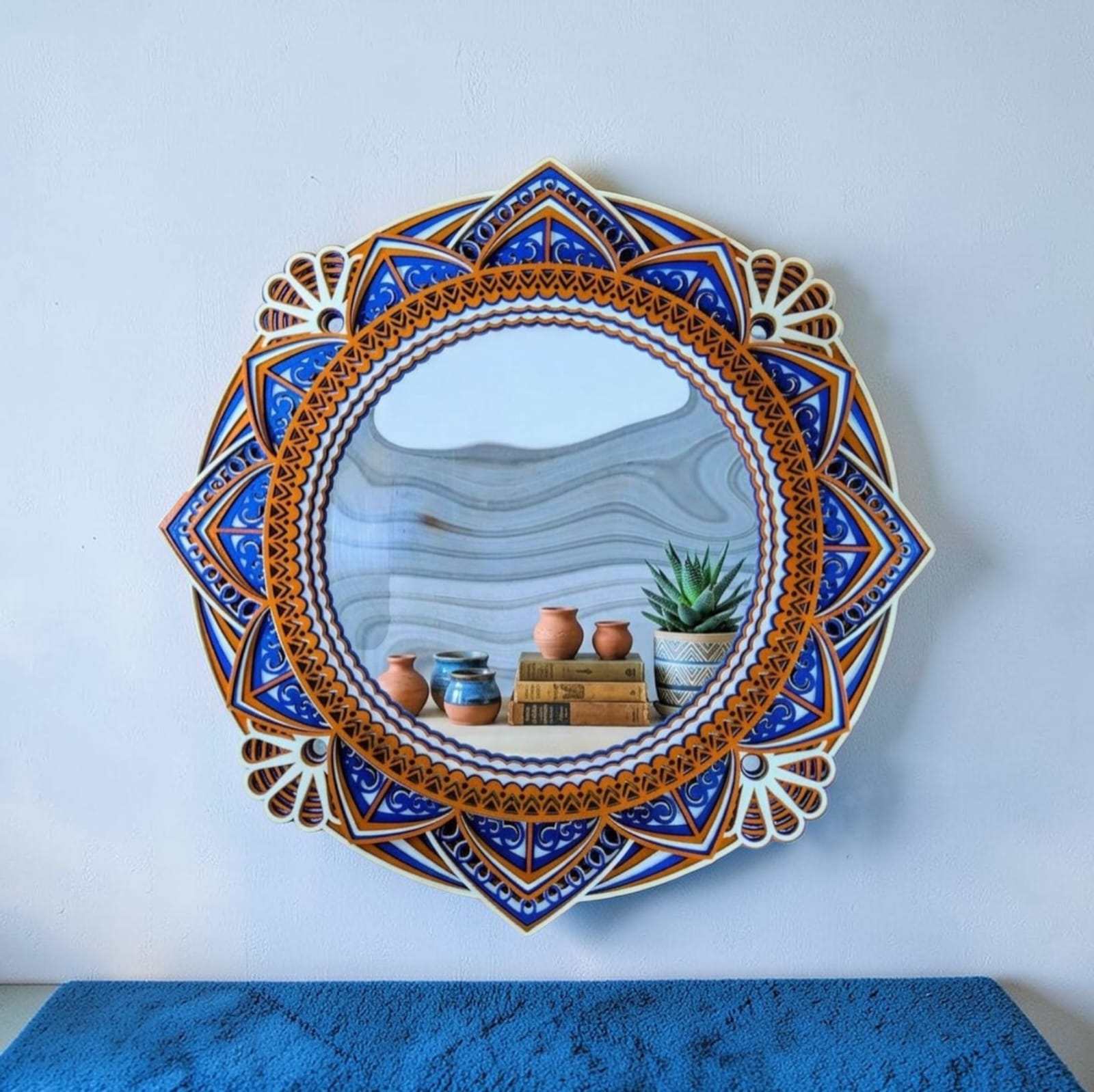 Royal Azure blue and gold mandala mirror wall art with layered 3D frame