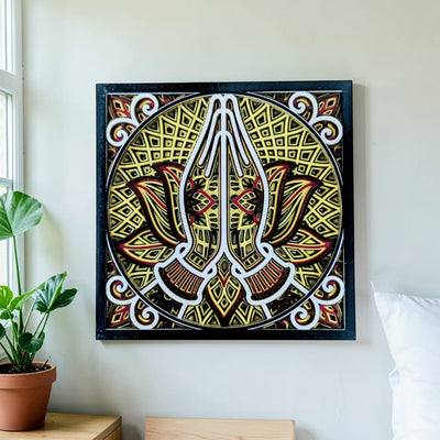 Sacred Anjali Lotus Mandala wall art with folded hands in gold red and black