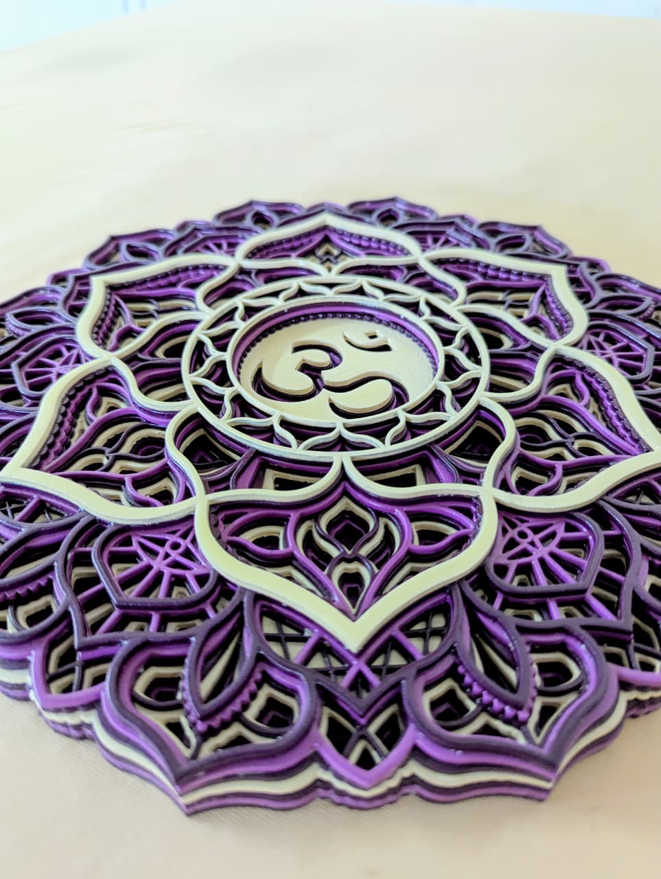 Intricate laser-cut Sahasrara chakra detailing on wooden mandala wall art