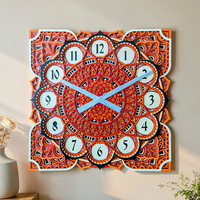 Samay Chakra wooden mandala wall clock with intricate geometric laser-cut design