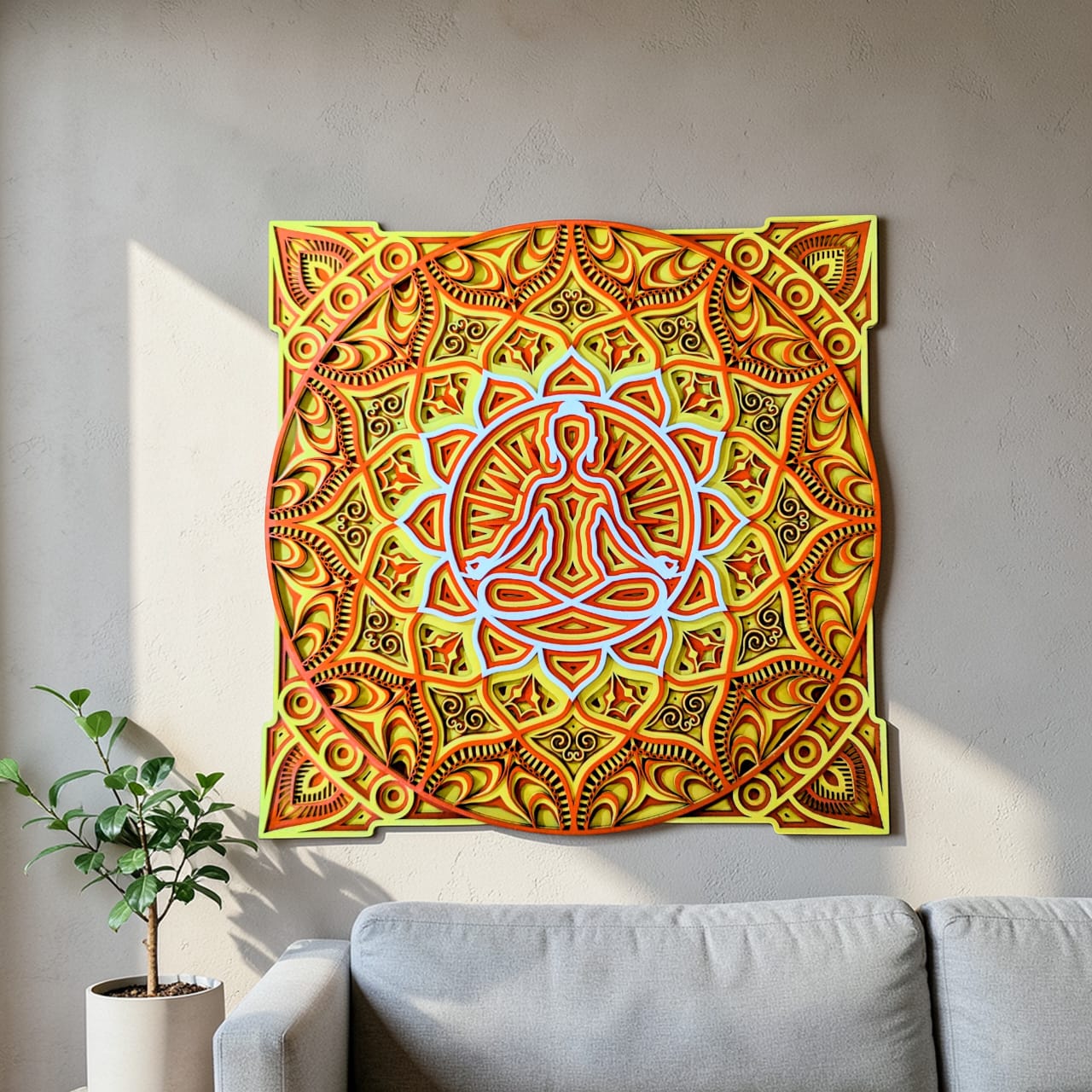 Solar Harmony meditation mandala wall art with meditating figure and layered 3D design
