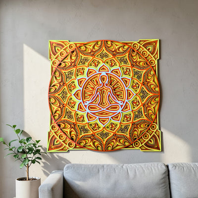 Solar Harmony meditation mandala wall art with meditating figure and layered 3D design