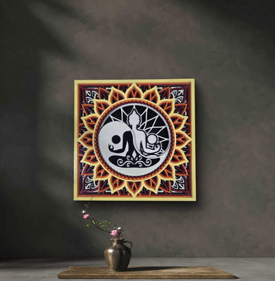 Soul Balance wooden wall art displayed on a modern living room wall