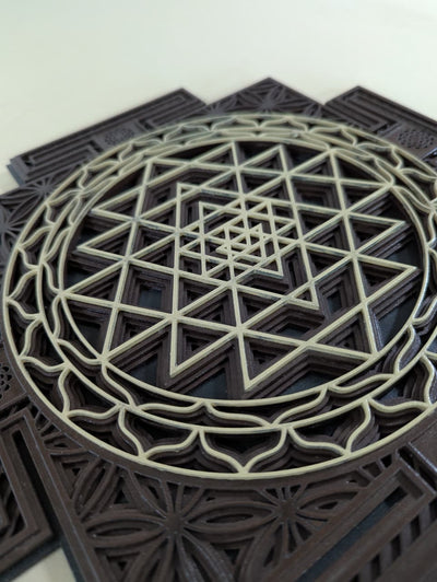 Intricate layered Sri Yantra geometric detailing on wooden wall art