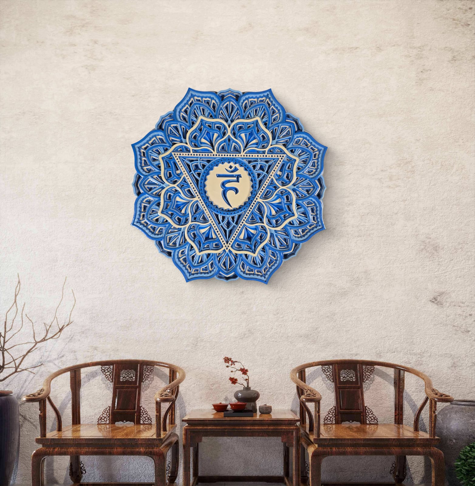 Blue layered Throat Chakra mandala design on wooden wall décor