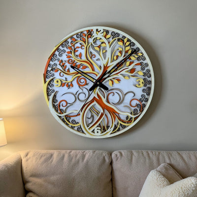 Tree of Life decorative wall clock with ivory gold and amber layered design