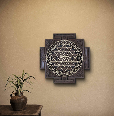 Wooden Sri Yantra wall art with intricate sacred geometry design