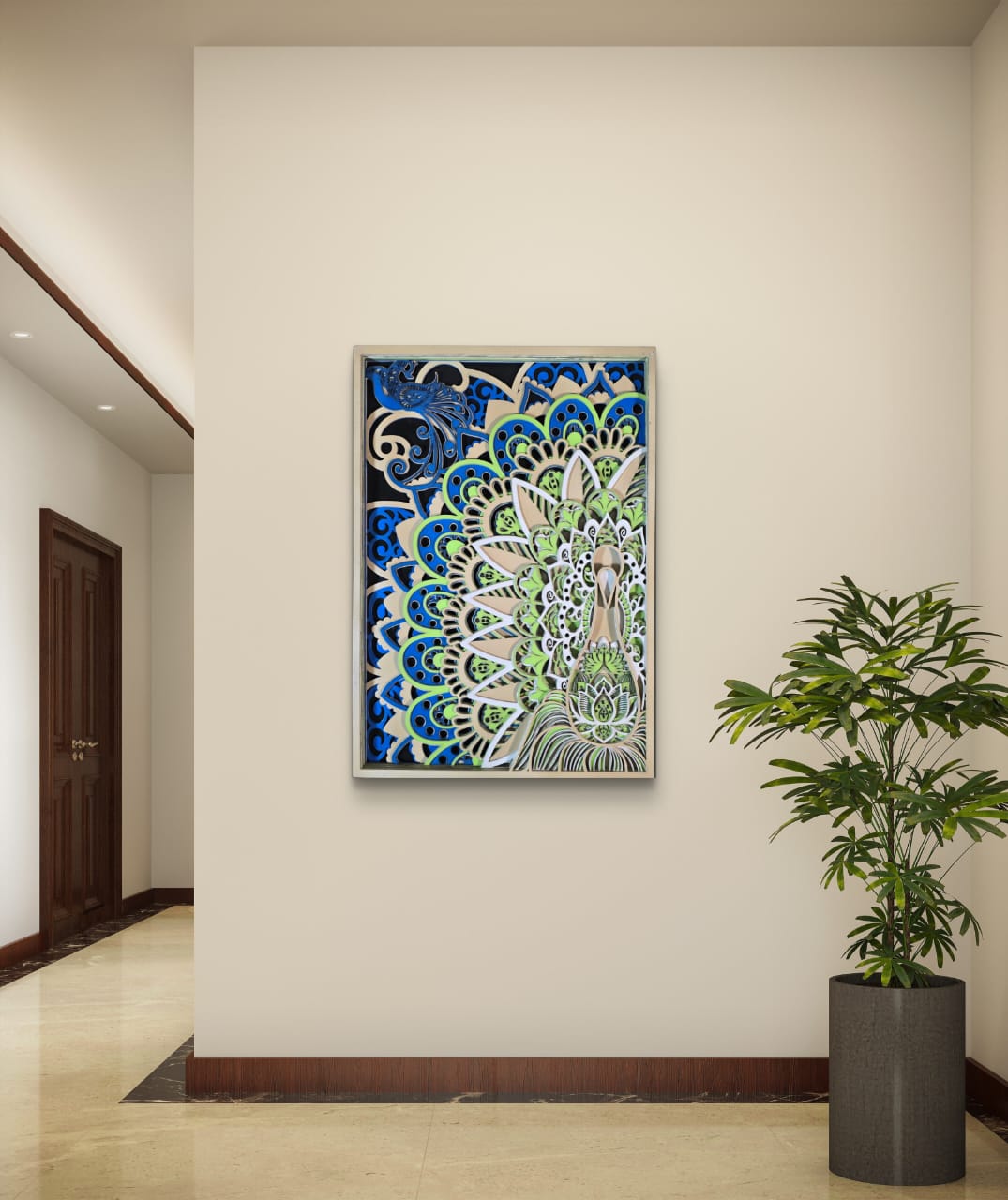 Wooden peacock mandala wall art with blue green and lotus design