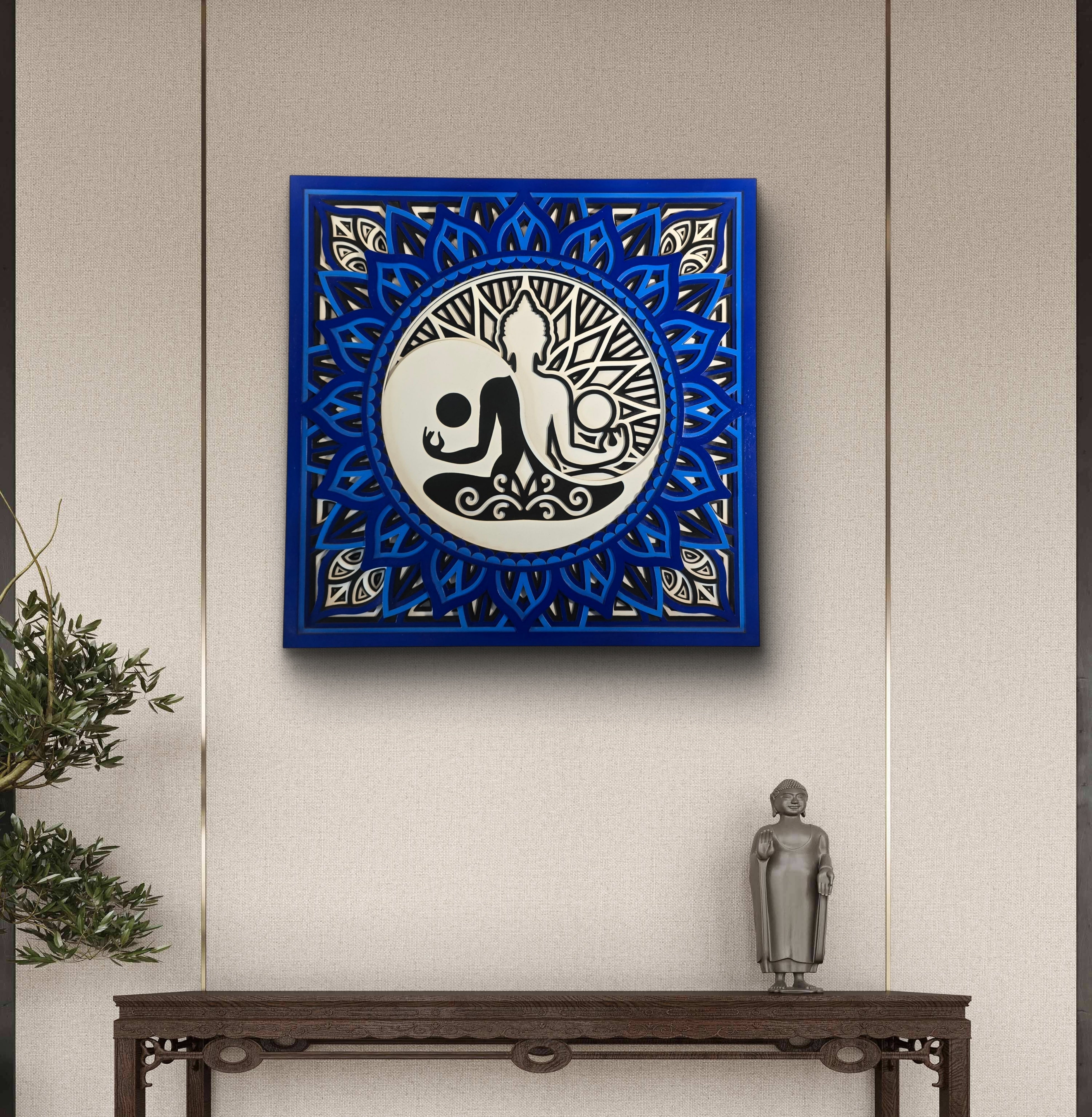 Yin Yang Buddha wooden mandala wall art displayed in a modern meditation space